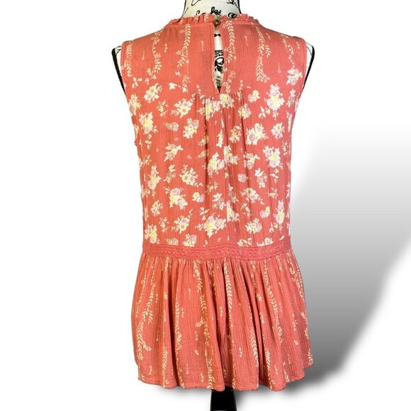 Maurices Top Womans Sz XS Coral Floral Sleeveless Peplum Crochet Lace Trim Tunic - Picture 8 of 13
